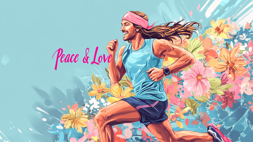 un homme souriant courant sur un fond fleuri illustrant le concept de PEACE & LOVE