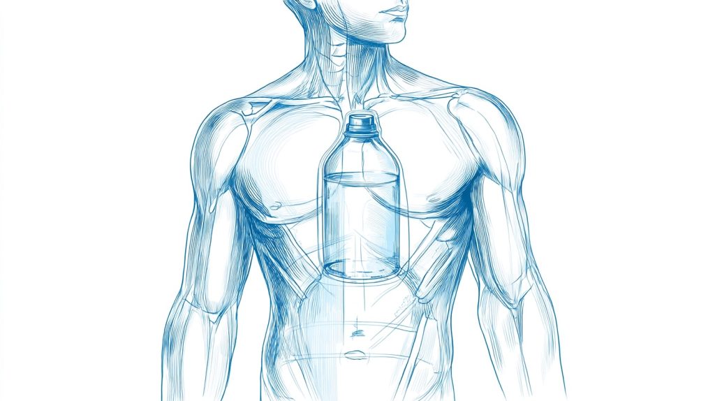 Illustration anatomique d’un torse avec une bouteille d’eau intégrée au centre du corps, symbolisant l’importance vitale de l’hydratation.