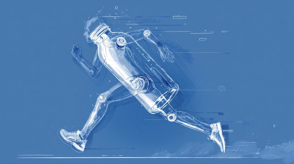 Coureur stylisé avec un torse en forme de bouteille d’eau, illustrant le lien entre hydratation et performance en course à pied.