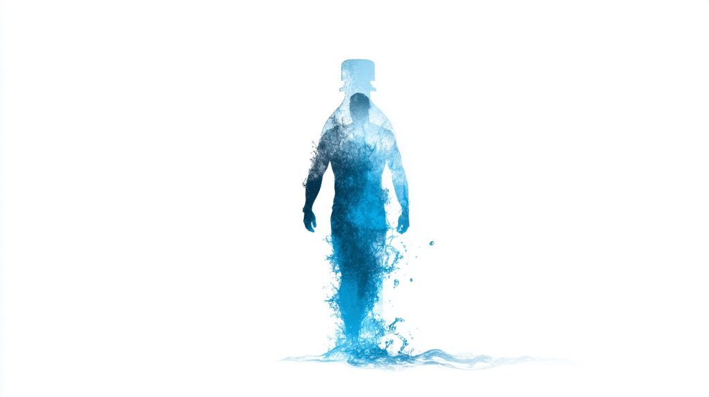 Silhouette d'un sportif composée d'eau dans une bouteille, symbolisant l'importance de l'hydratation pour la performance physique.