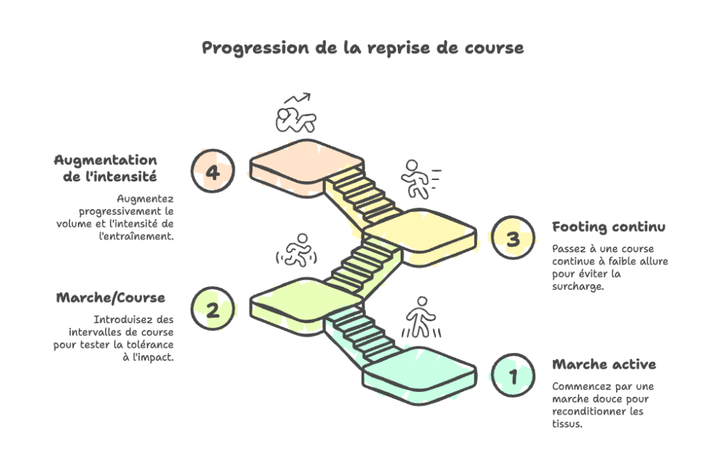 Infographie représentant 4 étapes de reprise de course après blessure : marche active, marche/course, footing continu, puis augmentation de l’intensité.