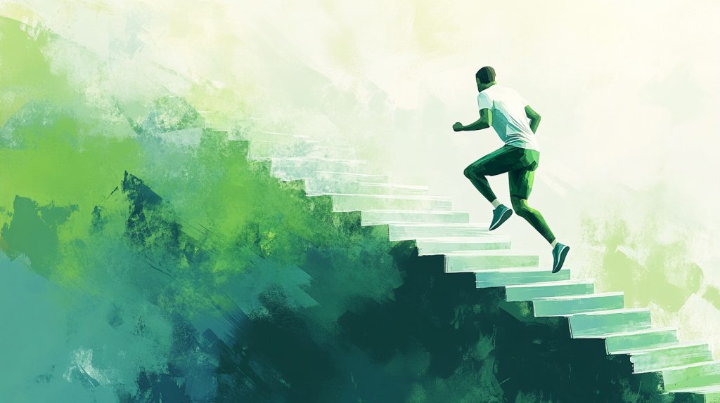 Illustration d’un sportif montant des marches dans un décor abstrait, représentant la progression étape par étape lors d’un retour à l’entraînement après blessure