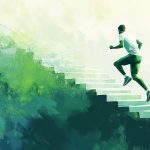 Illustration d’un sportif montant des marches dans un décor abstrait, représentant la progression étape par étape lors d’un retour à l’entraînement après blessure