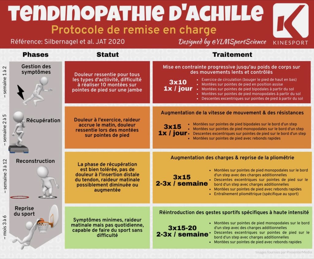 Infographie détaillant le protocole de remise en charge pour une tendinopathie d’Achille selon Silbernagel : gestion des symptômes, récupération, reconstruction, reprise du sport, avec les exercices associés à chaque étape.