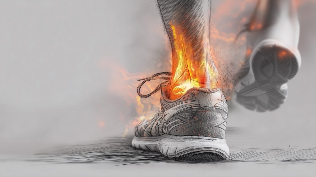 Photo montrant un tendon d'Achille enflammé pendant une course, illustrant une douleur typique d'une tendinopathie d'Achille, fréquente chez les coureurs et sportifs.