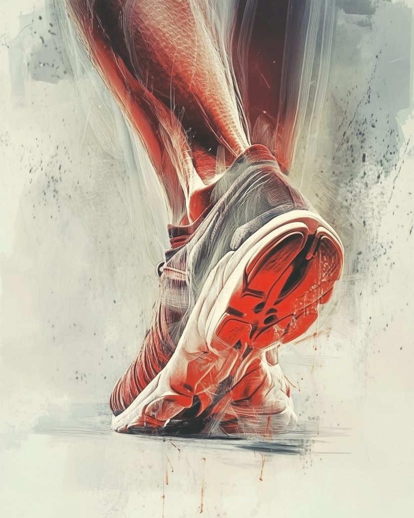 Cheville vue de dos avec baskets de running chaussées, pas de pathologie apparente