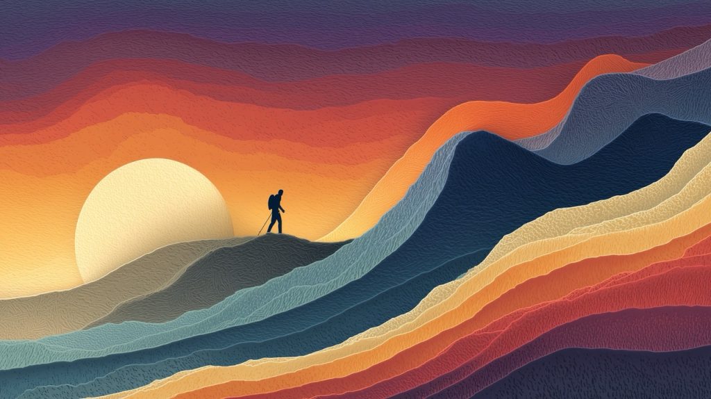 Illustration conceptuelle d’un athlète marchant vers un sommet au lever du soleil, à travers des strates colorées représentant les niveaux de la performance sportive