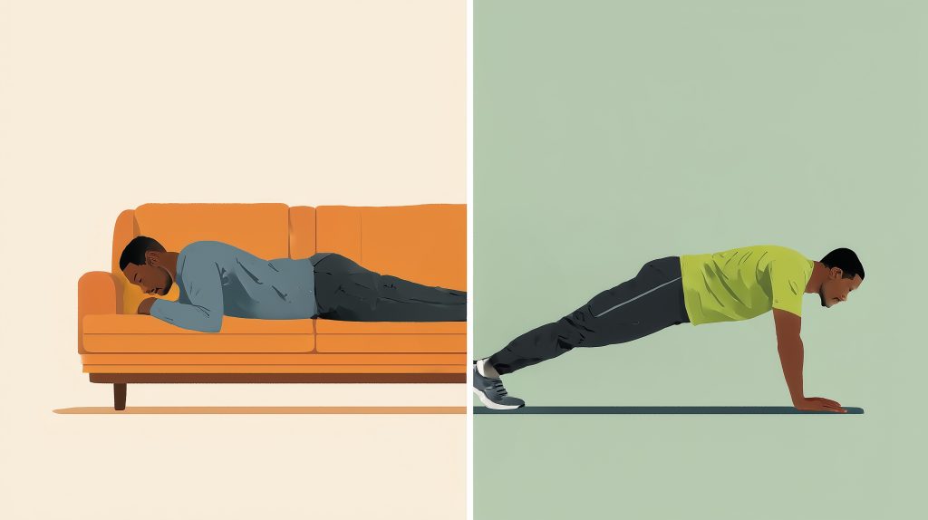 Illustration comparant le repos passif sur canapé et le repos actif par gainage chez un sportif blessé.